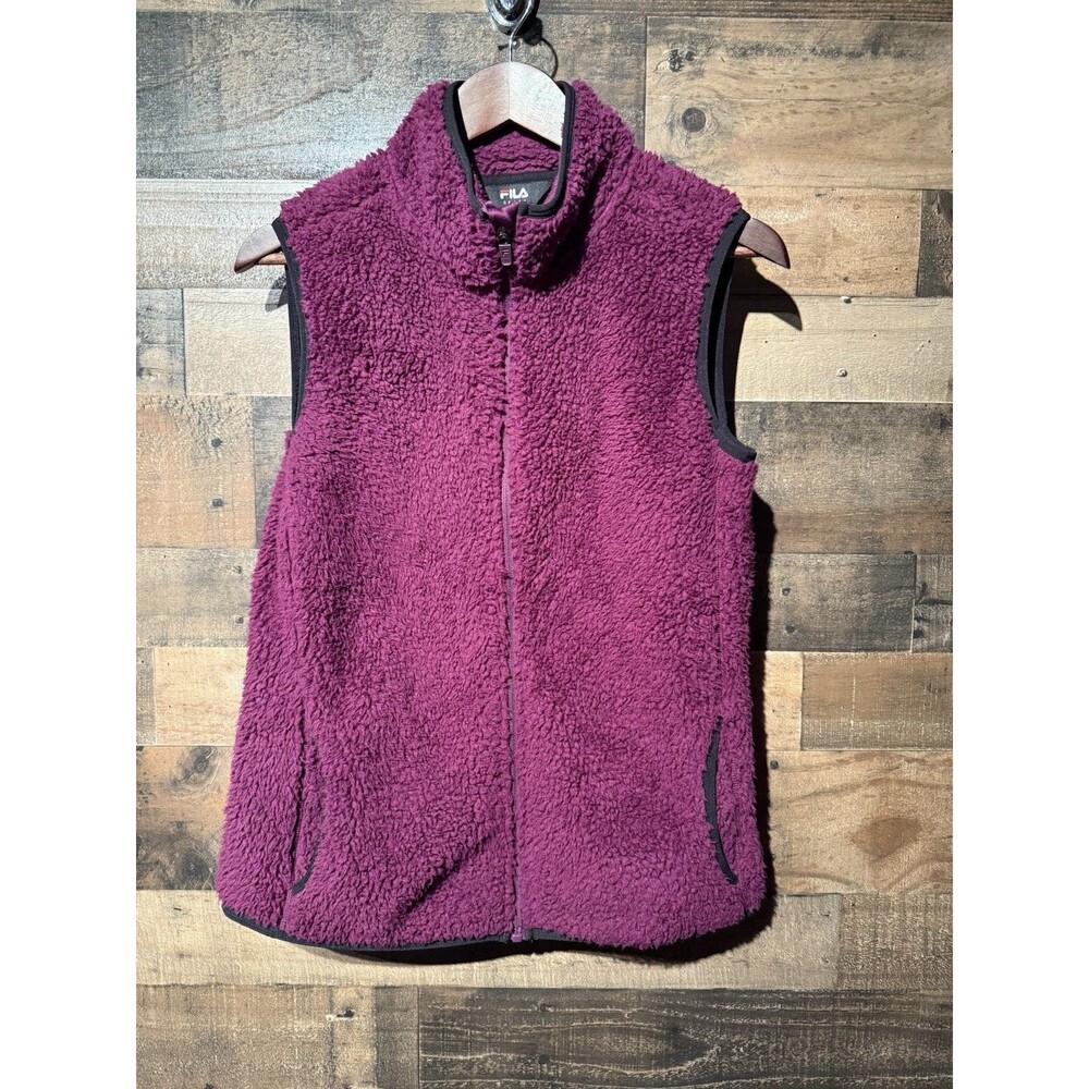 FILA Sport Vest Women M Cozy Soft Sherpa Full Zip Pockets  Plum Purple Magenta
